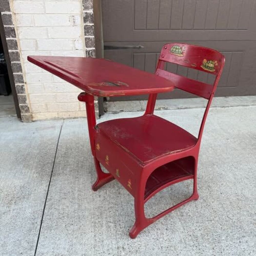 Vintage Red Child’s School Desk Chair – Attached Writing Desk – Original Decals